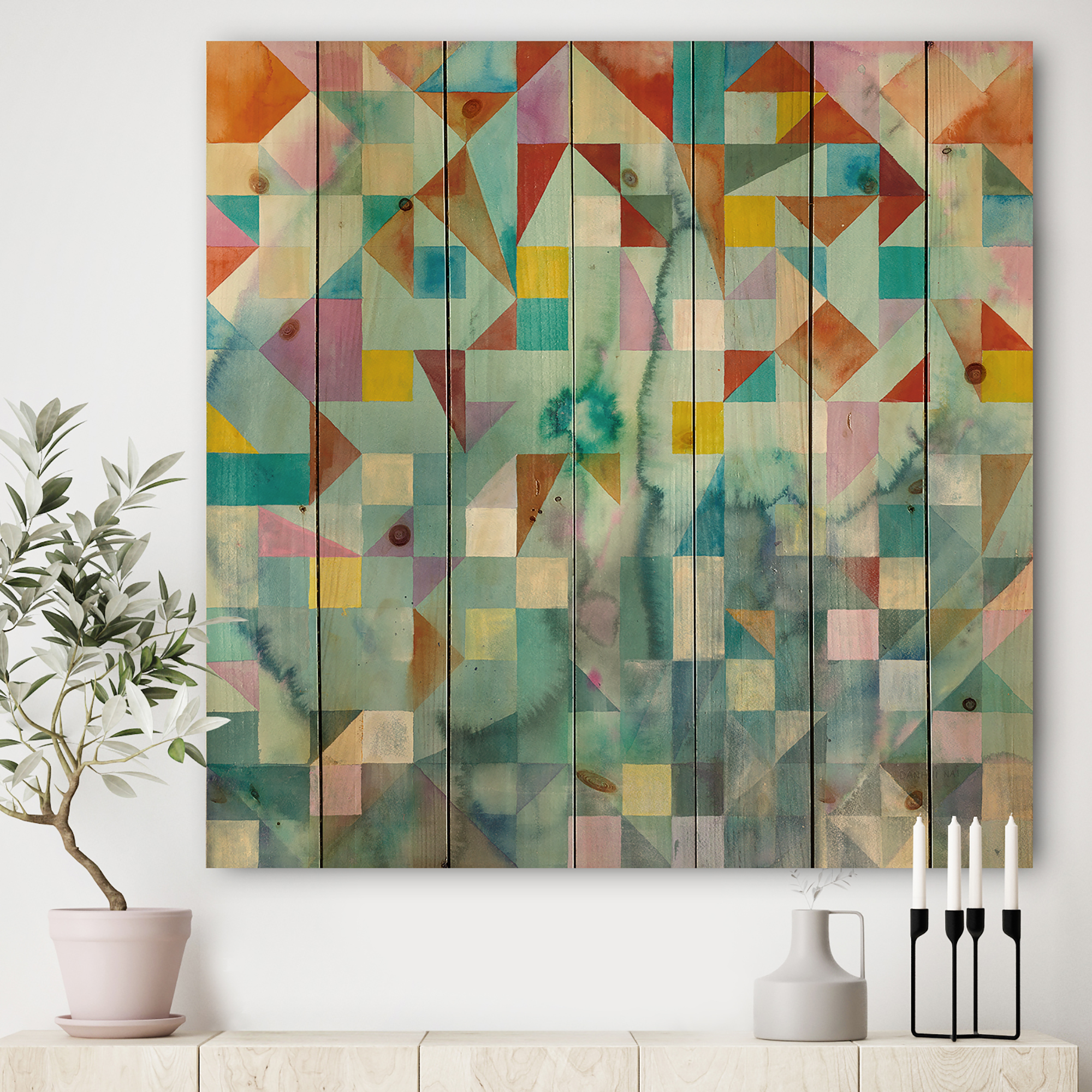 Designart 'Modern Mix Color Patchwork' Modern & Contemporary Print on Natural Pine Wood