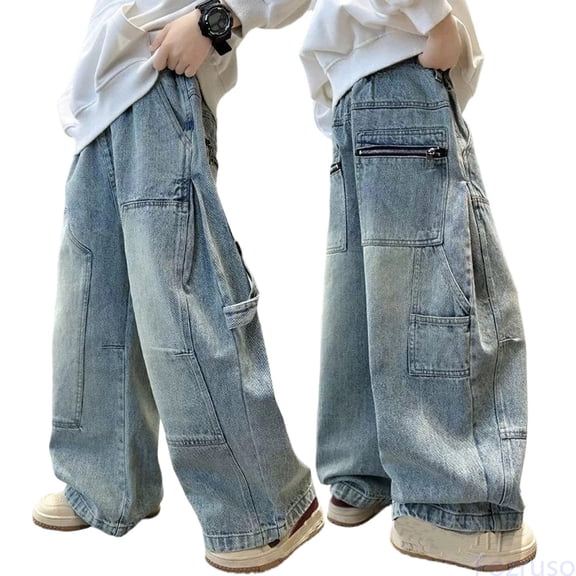 Fozruso Boys Baggy Jeans Vintage Straight Leg Elastic Waist Jean Kids Oversized Fit Denim Pants Boys Denim Pants Sizes 5-6 Years(Blue)