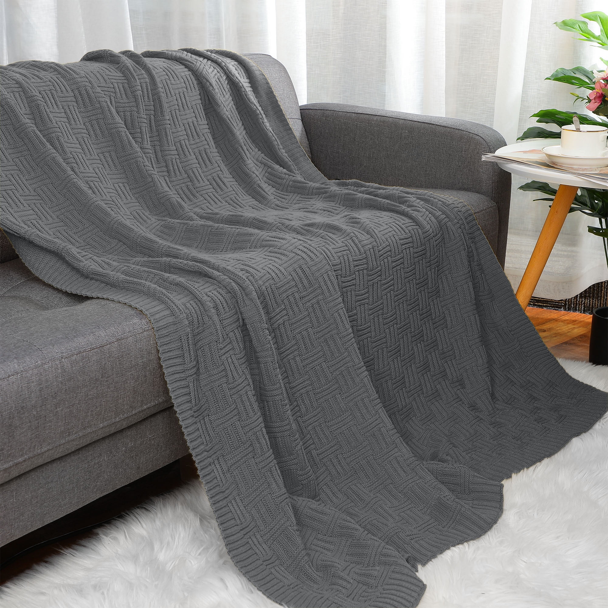 PiccoCasa 100% Cotton Cross Cable Knit Throw Blanket for Sofa Couch ...