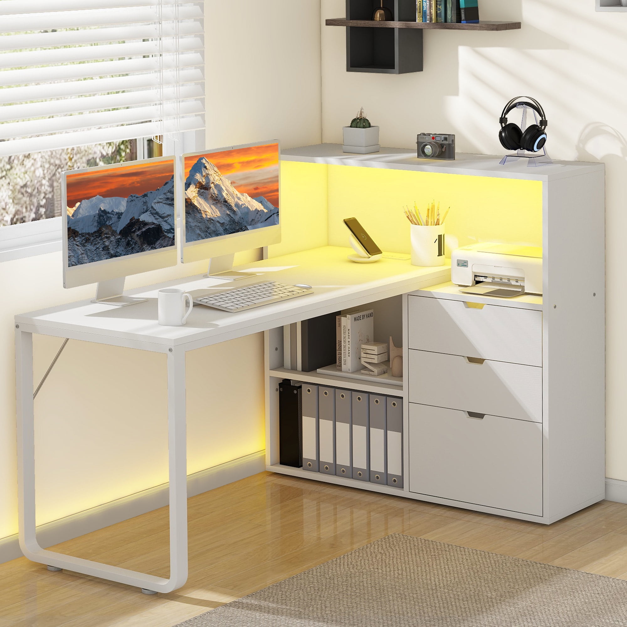 Dextrus L Shaped Desk with Power Outlets & LED Lights, Computer Desk with 3 Drawers and 3 Storage Shelves, White Office Desk Corner Desk for Home Office