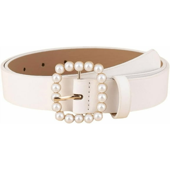 Zhengup Women's Pearl Buckle Leather Belts Faux Leather Jeans Belt