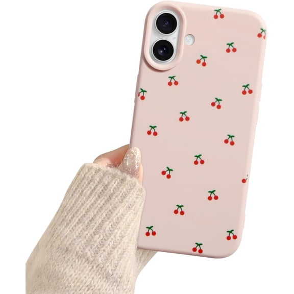 Compatible with iPhone 16 Case Cute Cherry Pattern Design Soft Slim TPU Case with Raised Camera Protection Stylish Aesthetic Phone Cover for Girls & Women – Pink