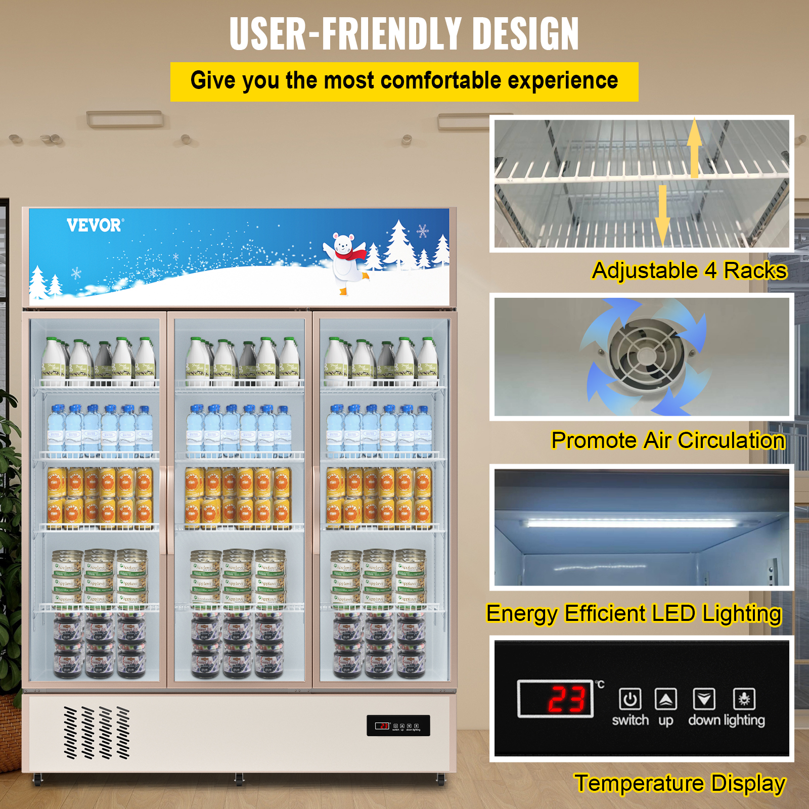 BENTISM Commercial Merchandiser Triple Glass Door Refrigerator