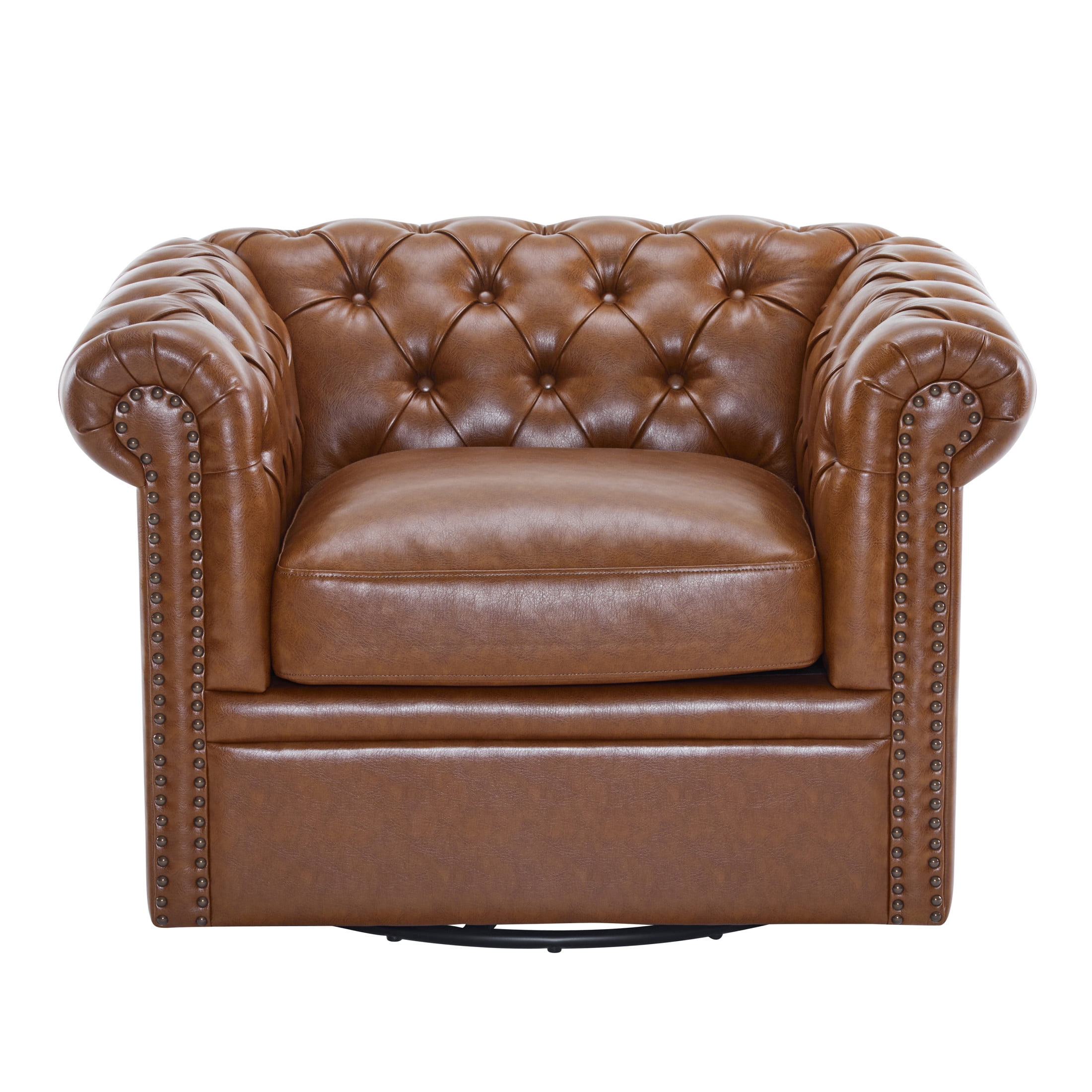 Bentar 360 Degree Swivel Upholstered Club Chair with Nailhead Trim, Cognac