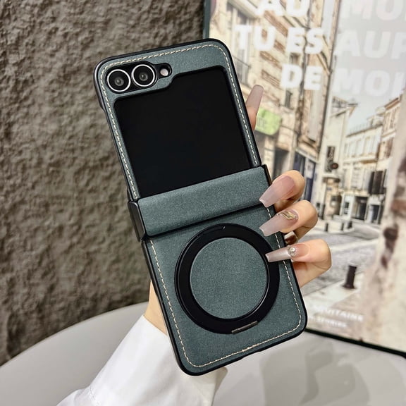 Designed for Samsung Galaxy Z Flip 6 PU Leather Phone Case,360°Rotatable Ring Kickstand,With Hinge Protection,Shockproof Anti-fall Durable Rugged Slim Magnetic Phone Case,Green