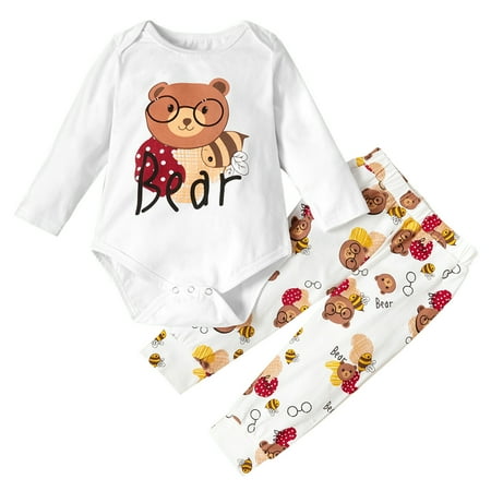 

Fsqjgq Checke Crop Tops Toddler Baby Girl Fall Winter Clothes Set Bear Print Pullover Romper Pants Bell Bottom Outfits Little Girls Clothes Size 14 Polyester White 3M