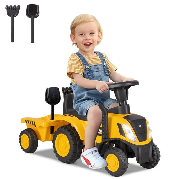 Licensed Caterpillar Ride on Tractor by OLAKIDS, Foot to Floor Sliding Truck with Detachable Trailer, Headlight, Horn, Rake, Shovel, Toy Walker Gift for Kids Toddler Age 1.5-3