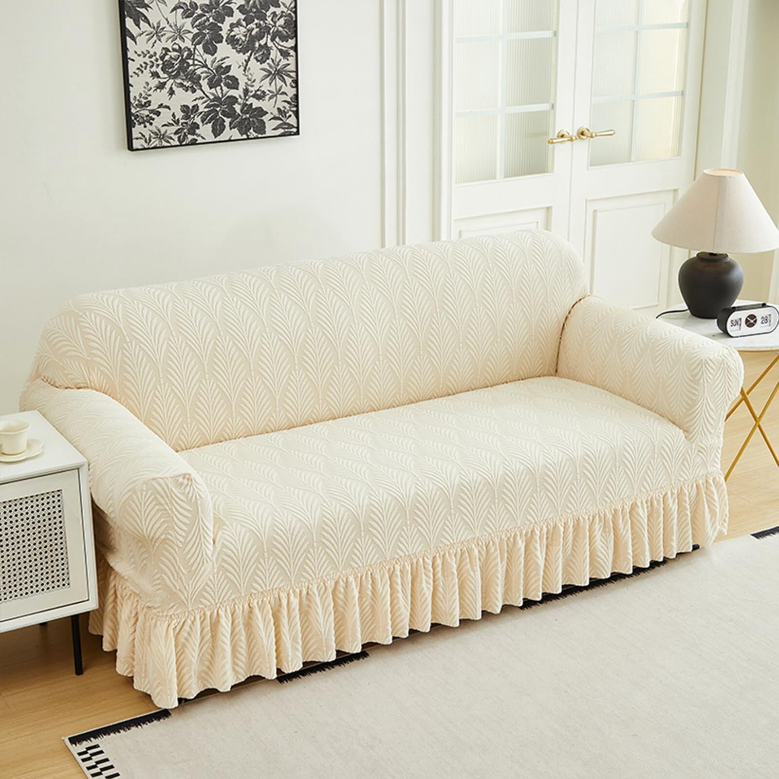 LKJYER Stretch Sofa Couch Slipcover with Skirt, Non-Slip Jacquard Universal Soft Sofa Cover with Elastic Bottom, Pet Proof Washable Breathable Furniture Protector for Living Room,