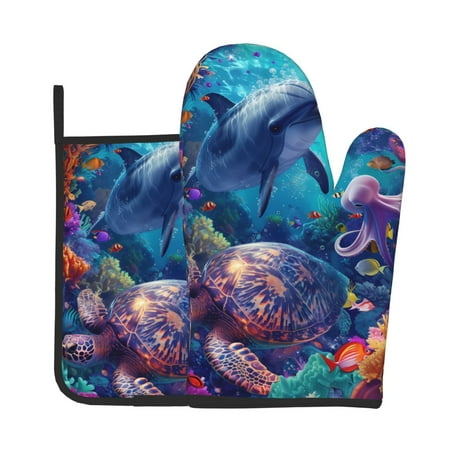 

Xecao Underwater Turtle Dolphin Octopus Pattern Oven Mitts and Pot Holders Sets Heat Resistant Silicone Oven Mittens Extra Thicken Long Kitchen Cotton Oven Glove for Cooking