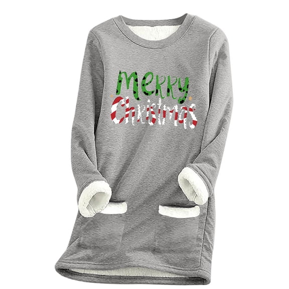 Aofany Womens Plus Size Christmas Sherpa Lined Pullovers, Women's Winter Soft Sherpa Fleece Lined Pullover Tops Casual Crewneck Christmas Sweatshirt Classic Xmas Loungewear Top
