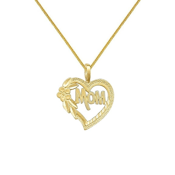 Precious Stars 14K Yellow Gold 'Mom' Floral Heart Pendant with 16" Chain Necklace