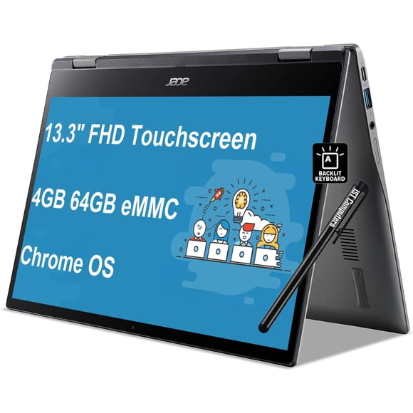 Acer Chromebook Spin 513 - Portátil 2 en 1 (visualización táctil FHD de 13,3 pulgadas, CPU Qualcomm de 8 núcleos, 4 GB de RAM, 64 GB eMMC), hogar y estudiante, cámara web, retroiluminada, batería