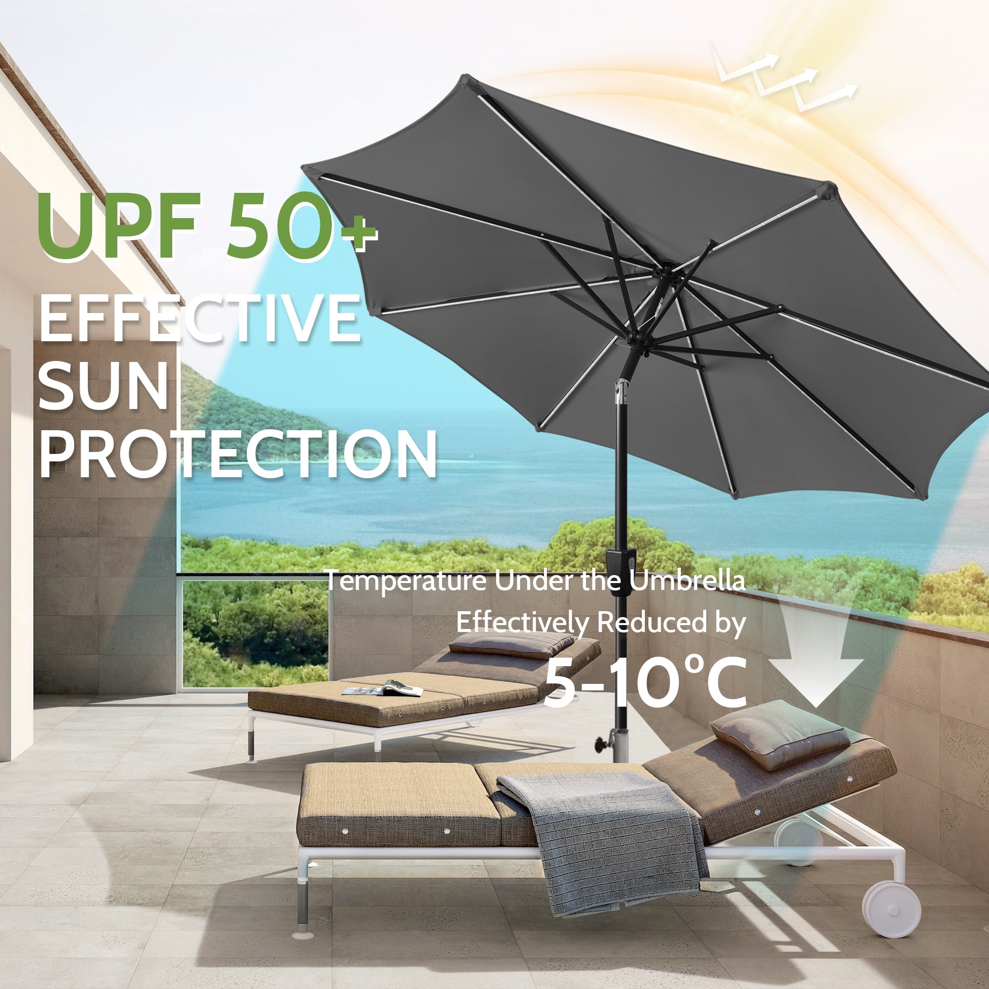 Scafild | 7.5ft Outdoor Patio Umbrella with Solar Lights, Outdoor Market Umbrella with Colorful LED Lights and Tilt and Crank - Gray