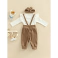 thumbnail image 4 of SAYOO Newborn Girl Pants Outfits, Long Sleeve Ruffles Decor Romper + Suspenders Long Pants + Cute Headband Set, 4 of 8