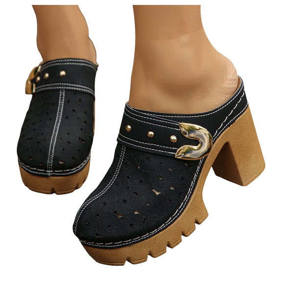 Mules for Women Lug Sole Platform High Heels Slip on Backless Sandals Boho Flower Hollow out Breathale Summer Dress Shoes Slippers Black Size 7.5
