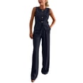 thumbnail image 2 of Busydd Business Casual Outfits for Women Round Neck Button Front Vest and Pant Suits Fall Fashion Solid Color Two Piece Sets S, 2 of 8