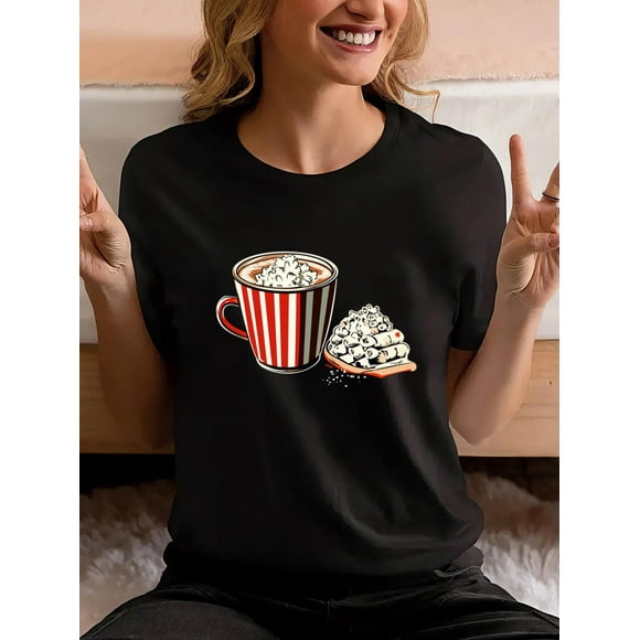 Women's Casual Crew Neck T-Shirt, cotton Knit Fabric, Regular Length, with Hot Chocolate and Popcorn Applique, Geometric-Pattern Design, for Summer, Holiday Season Graphic TeeFather's Day, Mother's