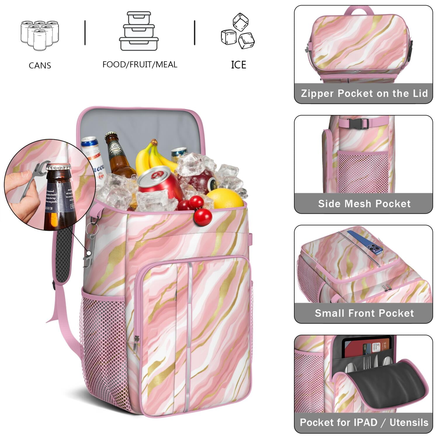 Travel Cooler Bag - Pink and Gold Marble Texture Camping Beer Cooler Backpack with Bottle Opener- Waterproof Insulated Picnic Backpacks - Cooler Bag for Beach