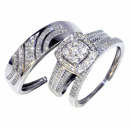 0.63cttw Diamond Trio Rings Set 10K White Gold His and her Rings