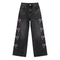 thumbnail image 4 of Girl's Casual Jeans Stretch Elastic Waist Distressed Denim Wide Leg Pants Toddler Kids Cute Jeans for Girls Size 10-11 Years, JN1-Grey, 4 of 6
