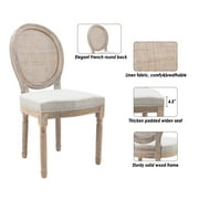 Guyou Farmhouse Dining Chairs Set of 2, French Wooden Country Upholstered Linen Oval Side Chair with Round Rattan Back for Restaurant Living Room Kitchen Dining Room, Beige