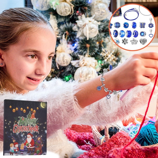 Xihbxyly Calendario de Cuenta Regresiva Azul Oscuro, Sorpresa Navideña, 24 Colgantes Únicos, Juego de Pulsera y Collar Festivo, Juguete Educativo para Divertirse En Las Fiestas, Caja de Regalo Ideal,