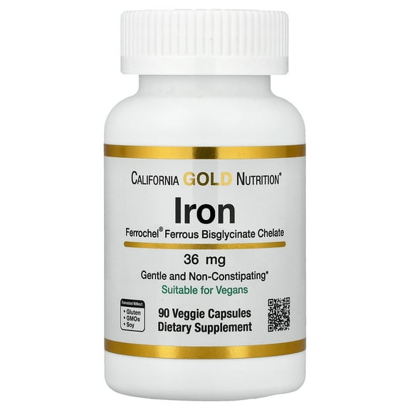 California Gold Nutrition Ferrochel Iron (Bisglycinate), 36 mg, 90 Veggie Capsules