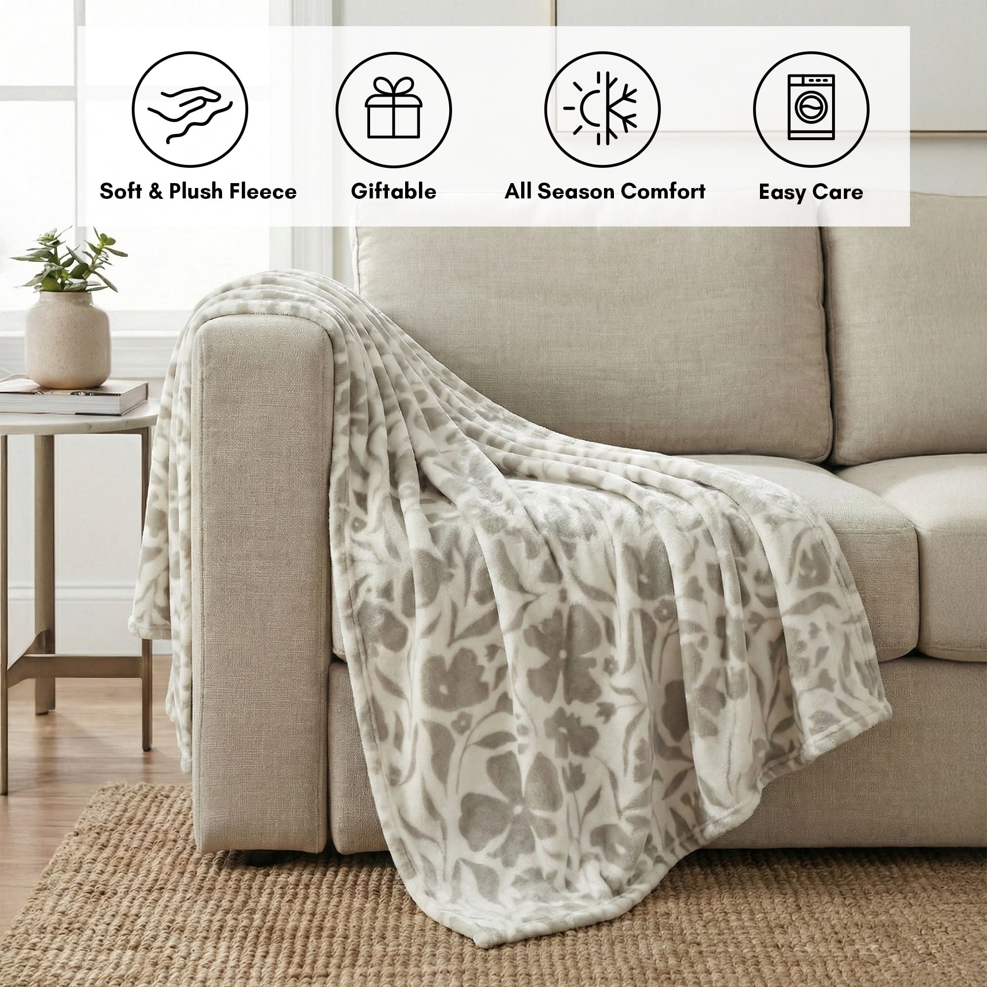 Americanflat Throw Blanket - 50x60 inch Printed Fleece - Floral Design - Lightweight Warmth - White