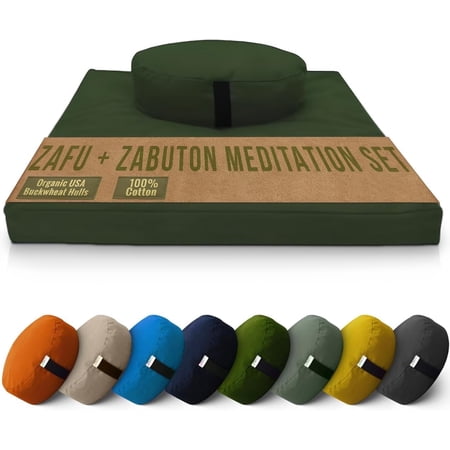 Cotton Meditation Cushion and Mat Set - Organic Buckwheat Filled Oval Zafu Meditation Pillow and Cotton Filled Zabuton Floor Pad - Made in USA Forest Green