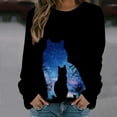 thumbnail image 2 of IROINNID Women's Long Sleeve Sweatshirt Round Neck Mid-Length Print Loose Shirts Cat Tops Regular Pullover, Black, 2 of 5