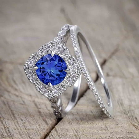 White Gold Semi Set - 2 Carat Round Cut Sapphire and Diamond Bridal Ring Set with Semi Eternity Wedding Band in White Gold