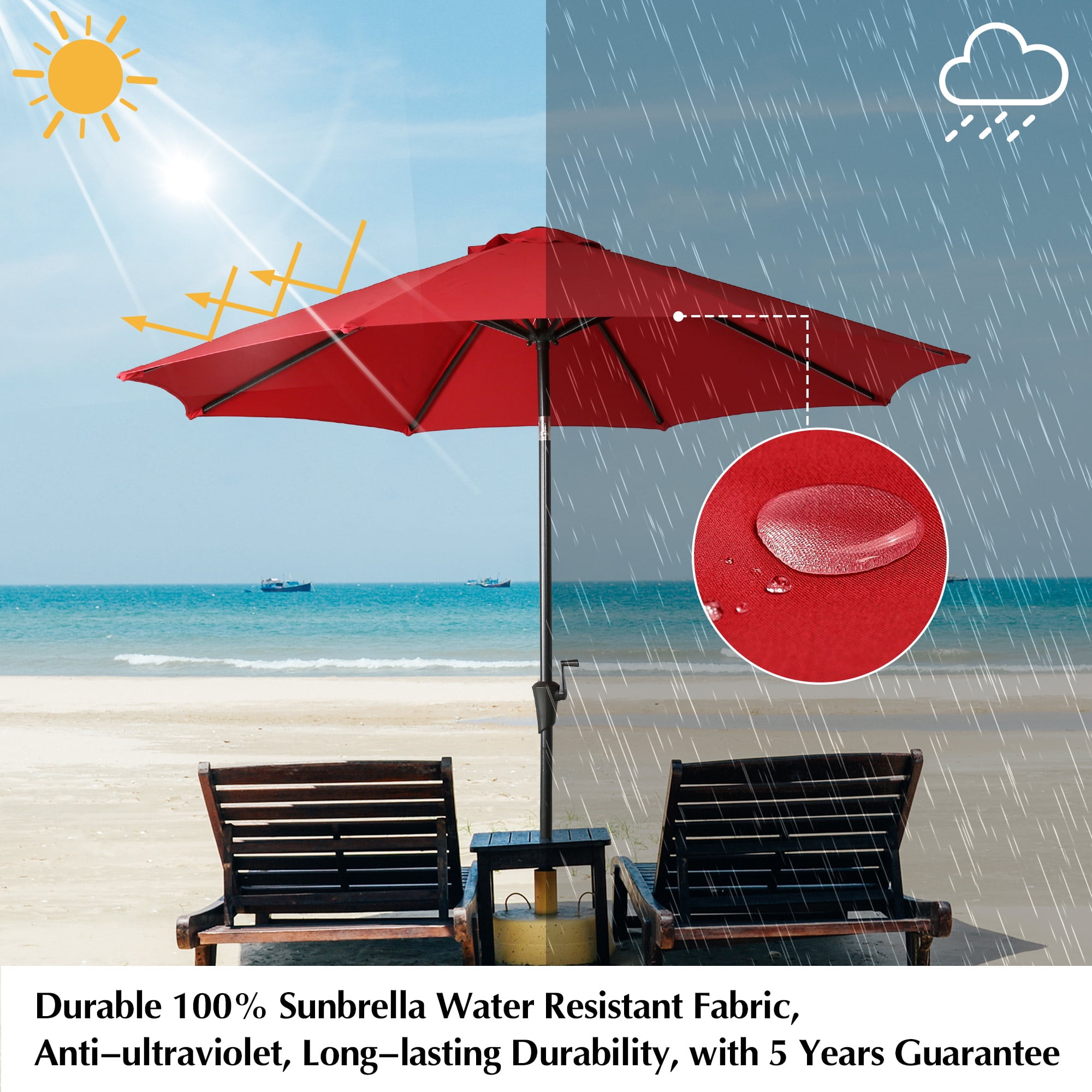 Iwicker 9Ft Sunbrella Patio Umbrella Outdoor Aluminum Market Umbrella with Crank and Push Button Tilt, Red