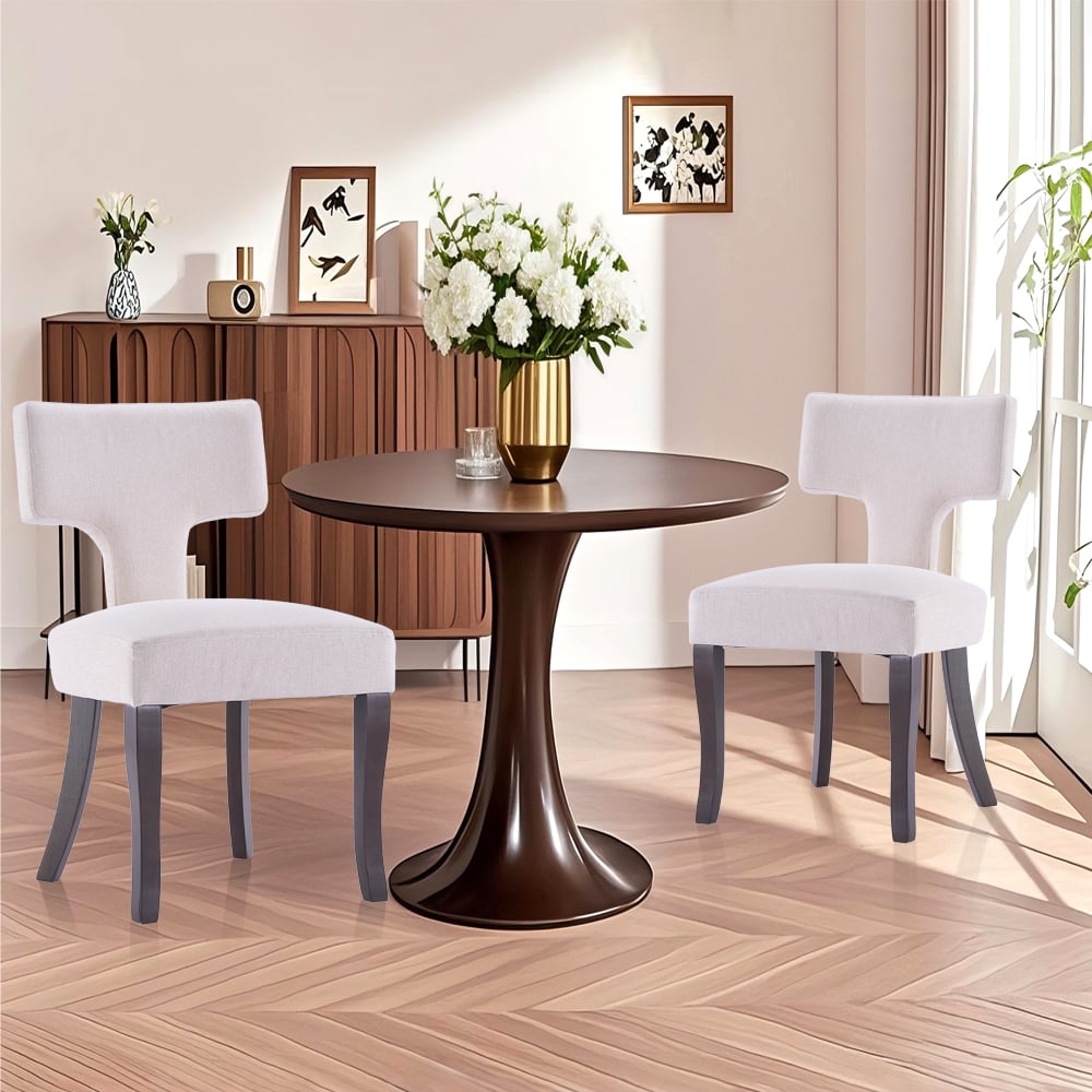 Mid Century Modern Wooden Dining Chairs Set of 2, Upholstered Side Dining Chairs with Curved Back Linen Fabric Armless Wood Chairs Kitchen & Dining Room Farmhouse Chairs (White)