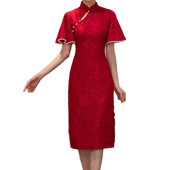 Quixlent Red Lace Cheongsam Women Elegant Slim Retro Dress Stand Collar 3/4 Sleeve Jacquard Lace Qipao Chinese Style Evening Wedding Dress