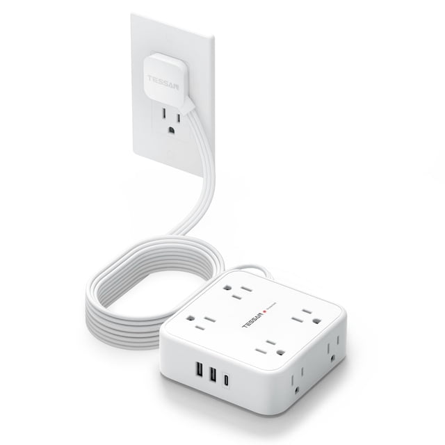 Cable de extensión TESSAN de 3 m con 8 tomas de corriente alterna y 3 puertos USB, color blanco