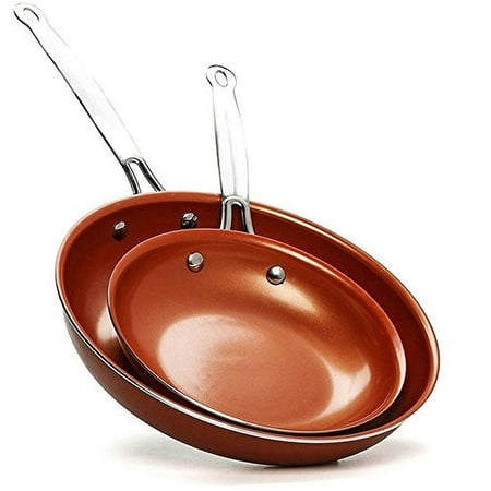 Copper Round Skillet Frying Pan Ceramic Non-Stick Fast Even Heating with Induction Bottom Oven Safe stainless Steel Handle No Oil/Butter Needed Wipes Clean & Dishwasher Safe (8 & 10 Inch combo