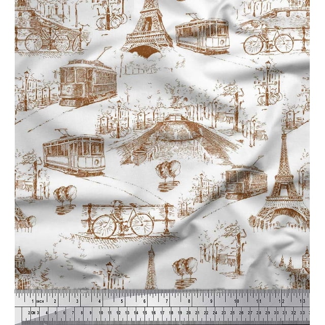 Soimoi Moss Georgette Fabric Eiffel Tower,Train & Bicycle Transport Print Fabric by Yard 42 Inch Wide