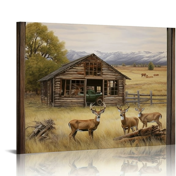 ARISTURING Farmhouse Deer Canvas Wall Art Country Wildlife Elk Rustic Old Barn Truck Wall Decor Vintage Deer Painting Picture Prints Modern Artwork for Home Living Room Bedroom Bathroom