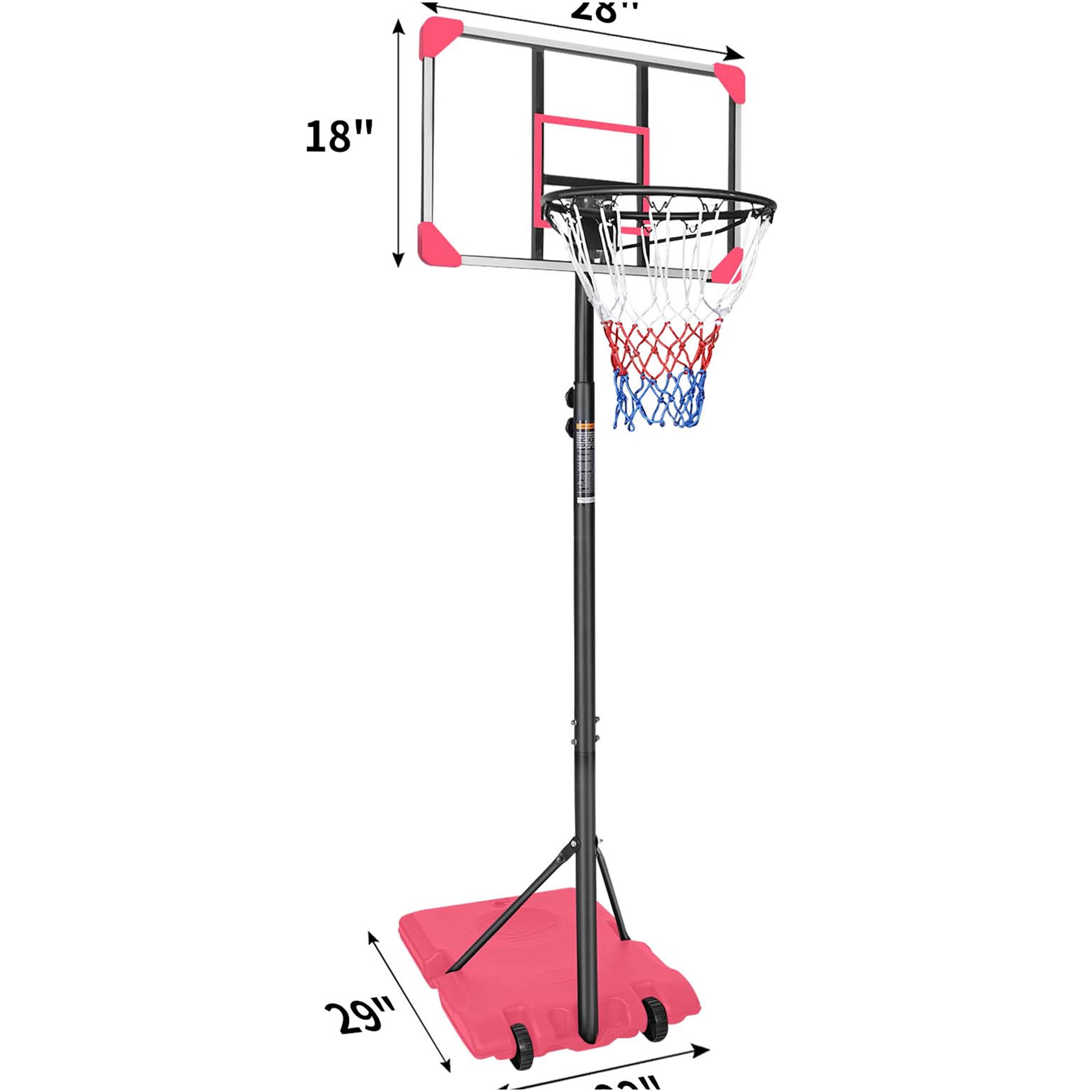 JERFIT Portable Basketball Hoop for Kids & Teens, Adjustable Height 5.6ft-7ft, Pink Iron Hoop with Wheels & Stable Base, 28" Backboard for Indoor Outdoor Use