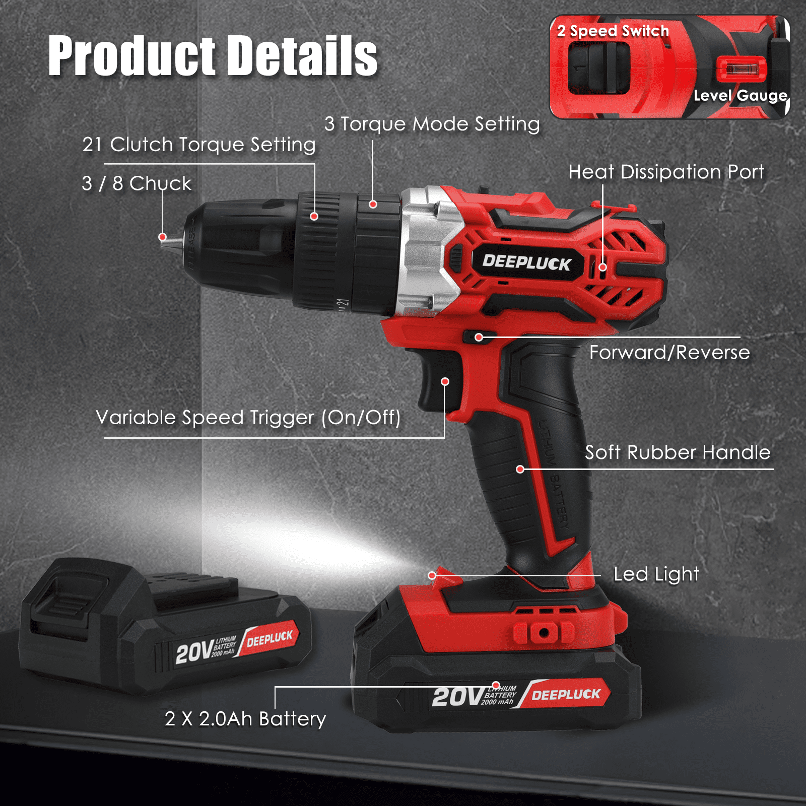DEEPLUCK Cordless Drill Set, 20V Power Drill Kit with 2 X 2.0AH Battery, 44pcs Drill/Driver Bits, 1 Box Screws, Bubble Level, 3/8'' Chuck Electric Drill, 32NM, 21+3 Position, 2 Variable Speed