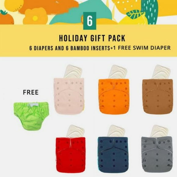 KaWaii Baby Color Block Gift Pack 6 One Size Cloth Diapers + 6 One Size Bamboo Inserts with 1 Free Swim Cloth Diaper