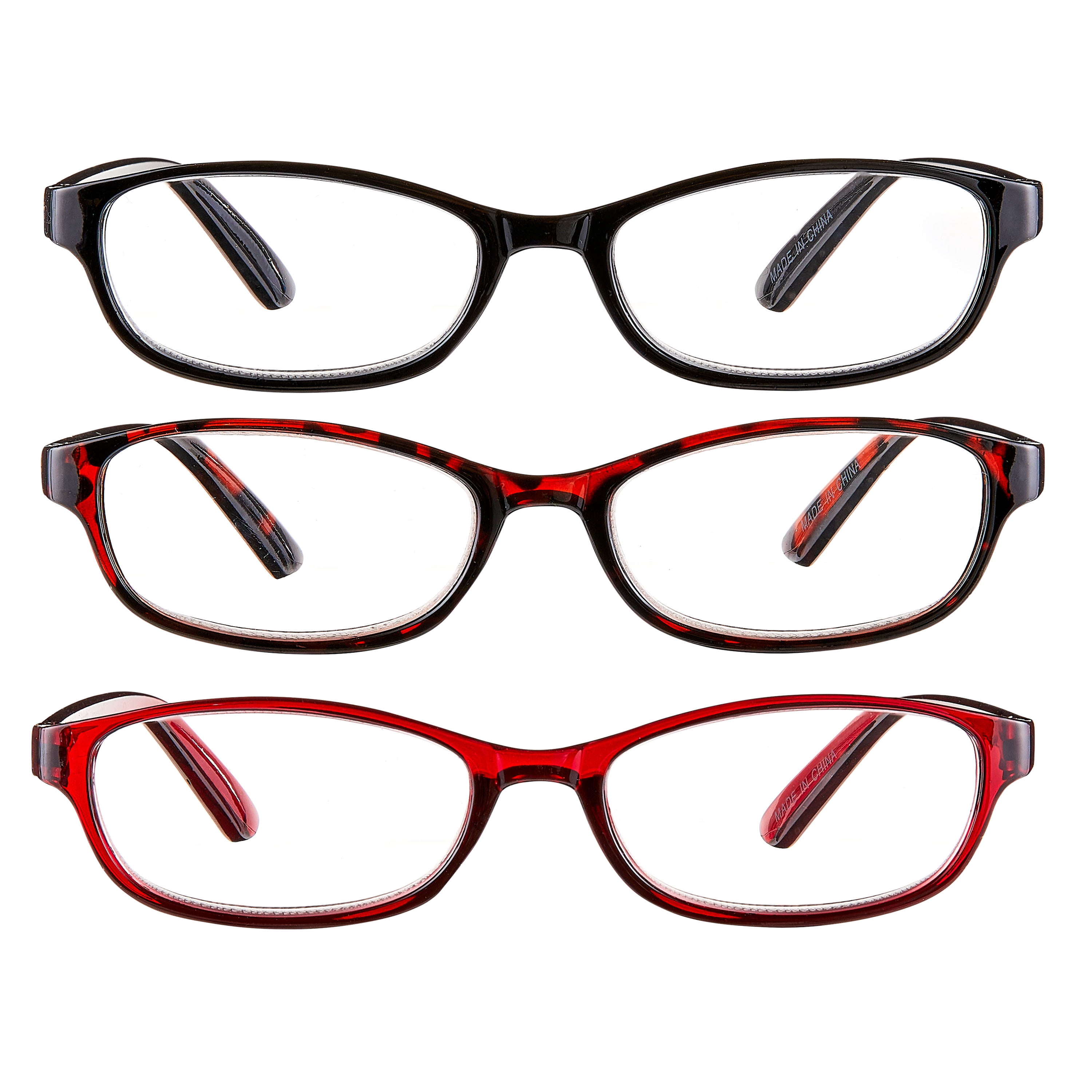 (2 pack) Equate Women's Rectangular Reading Glasses, Black/Wine/Tortoise, +2.00, 3 Pack