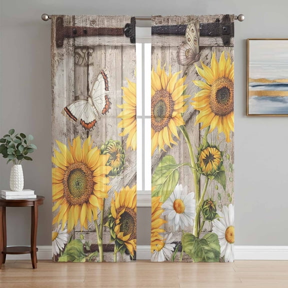 Farmhouse Sunflowers Sheer Curtains 96 Inch Length 2 Panels Set Window Treatments, Rustic Barn Doors Flowers Butterfly Wooden Rod Pocket Semi Curtains for Living Room/Bedroom/Kitchen, 104"W x 96"L