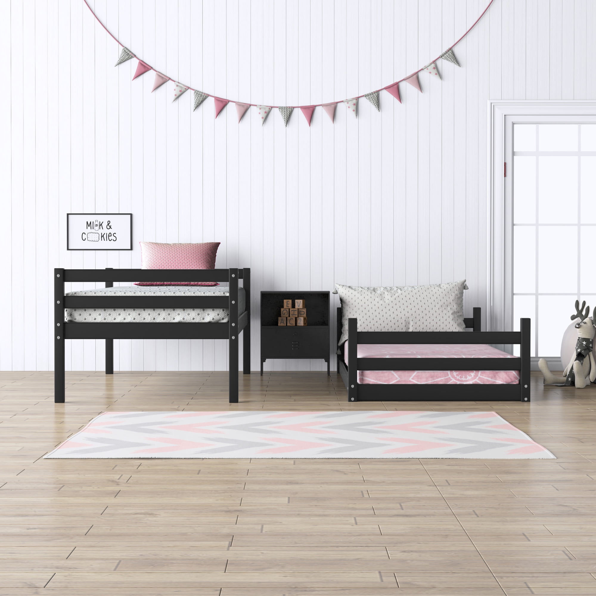 HH2 Home Essentials Campbell Wood Twin Over Twin Floor Bunk Bed, Black