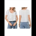 thumbnail image 3 of Blusa de Encaje con Lazo Frontal para Mujer, Transparente, de Corta, Cuello Redondo, Botones, Estilo Bohemio, con Volantes, Estilo Y2K L, 3 of 8