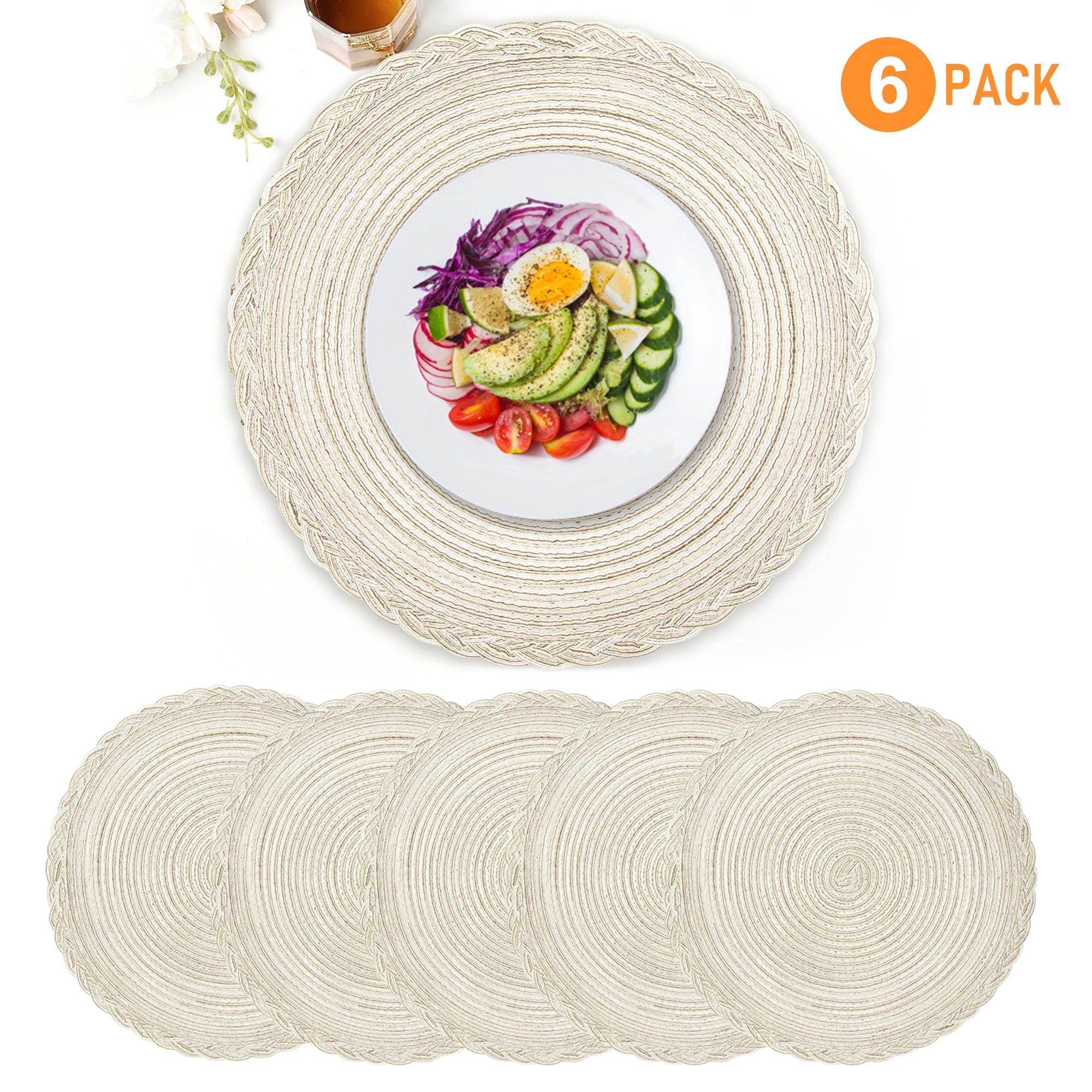 ONEFIND Round Placemats Set of 6, OffWhite Woven Table Mats, 15 inch Heat Resistant Braided