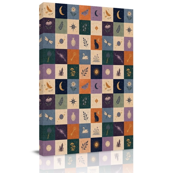 Canvas Wall Art, Purple Orange Blue Plaid Framed Canvas Prints for Living Room Office, Moon Floral Cat Checked Large Gallery Wrapped Wall Decor for Home Office, Gifts, 16"x24" Ship Next Day