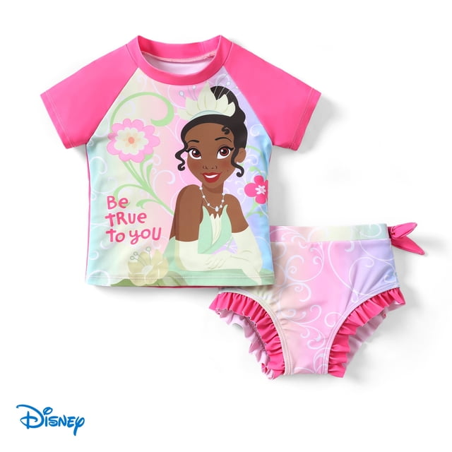 Disney Princess Toddler Girls Swimsuit Ariel Rapunzel Tiana Rash Guard 2 Pieces Set Sizes 2-6