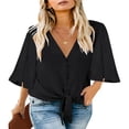 thumbnail image 1 of CHOK Women‘s Button Down V Neck Tops Ruffled 3/4 Sleeve Tie Knot Front Blouses White Sizes S-2XL, 1 of 8