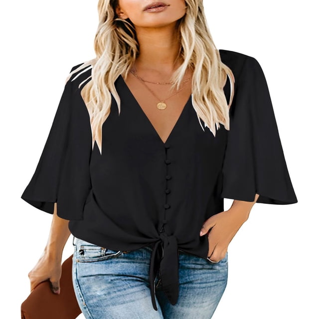 CHOK Women‘s Button Down V Neck Tops Ruffled 3/4 Sleeve Tie Knot Front Blouses White Sizes S-2XL